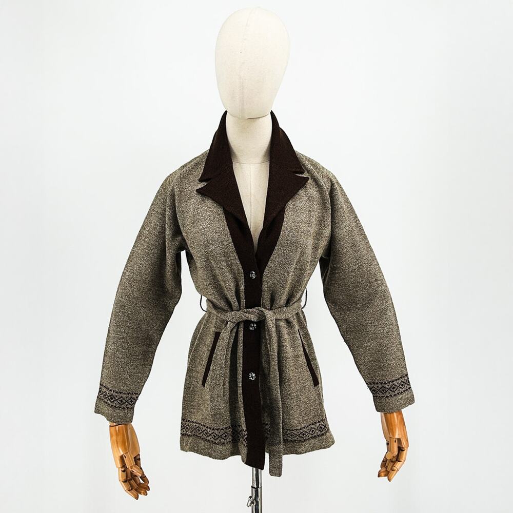 70s/80s Brown Boho Collared Grandpa Cardigan with Matching Tie